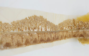 Gold Net Lace Trim with Floral Embroidery and Sequins, Sari Border, Embroidered Trim